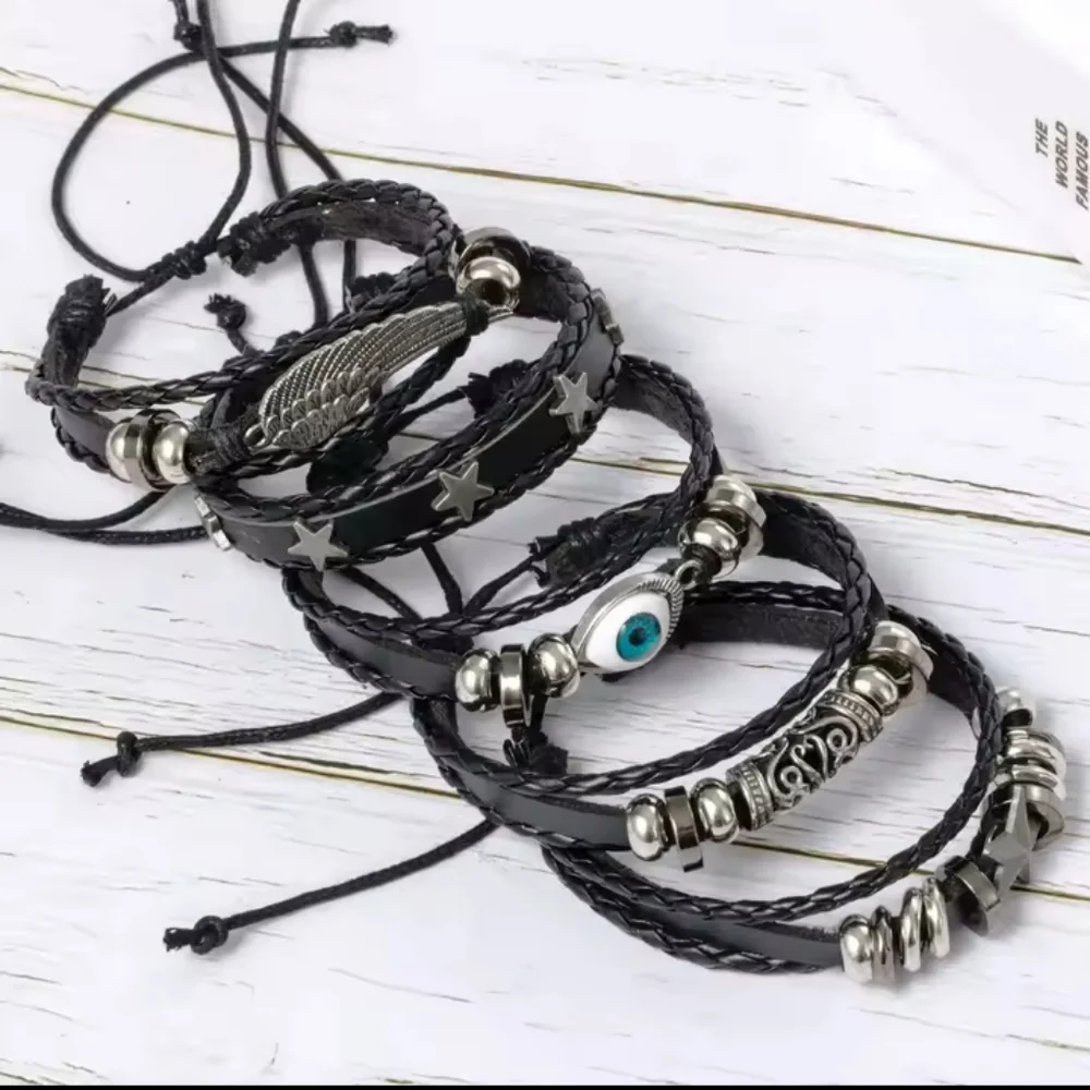 Men's Bracelets Set Leather 5pc Evil Eye Wing Star‎ Layered f21